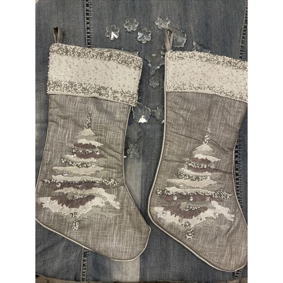Pier 1 Imports CHRISTMAS STOCKING Holiday 18" Beaded Silver& White Tree‎ Set 2 - Picture 1 of 7